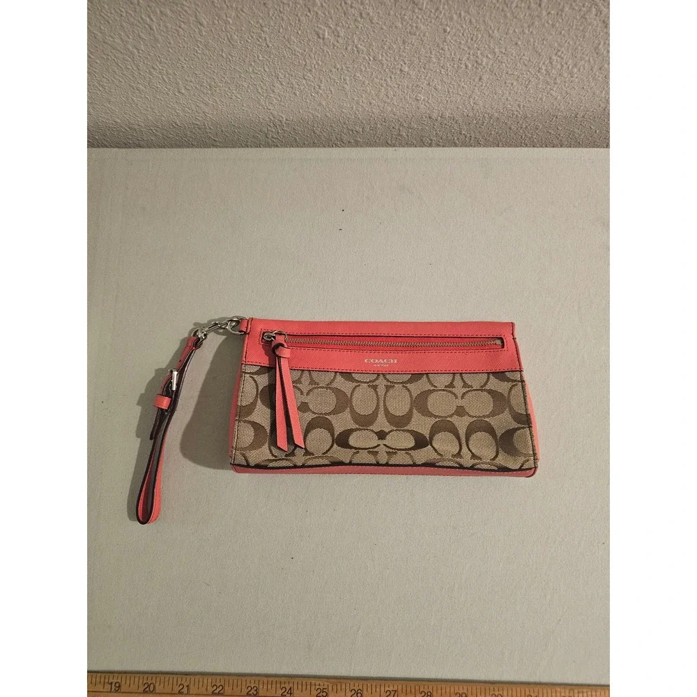 Coach Wristlet Brown Coral Canvas Leather Signature Monogram